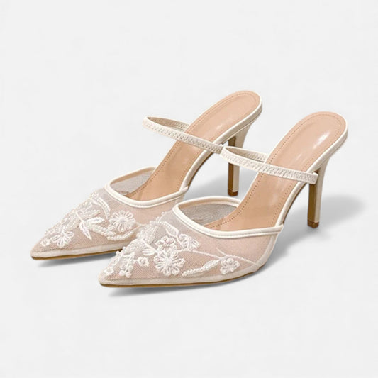 Zapatos Tacón Aguja Mujer Malla Bordada Punta Fina Correa - Mavetta