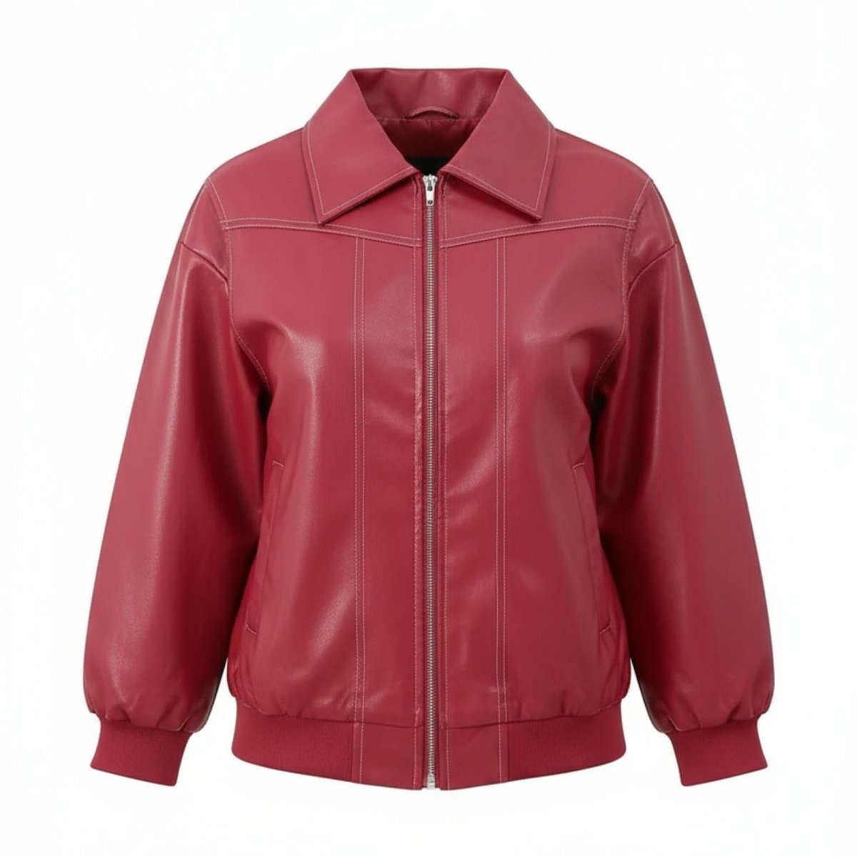 Cazadora Bomber Mujer Cuero Sintético Oversize Costuras Contrastadas