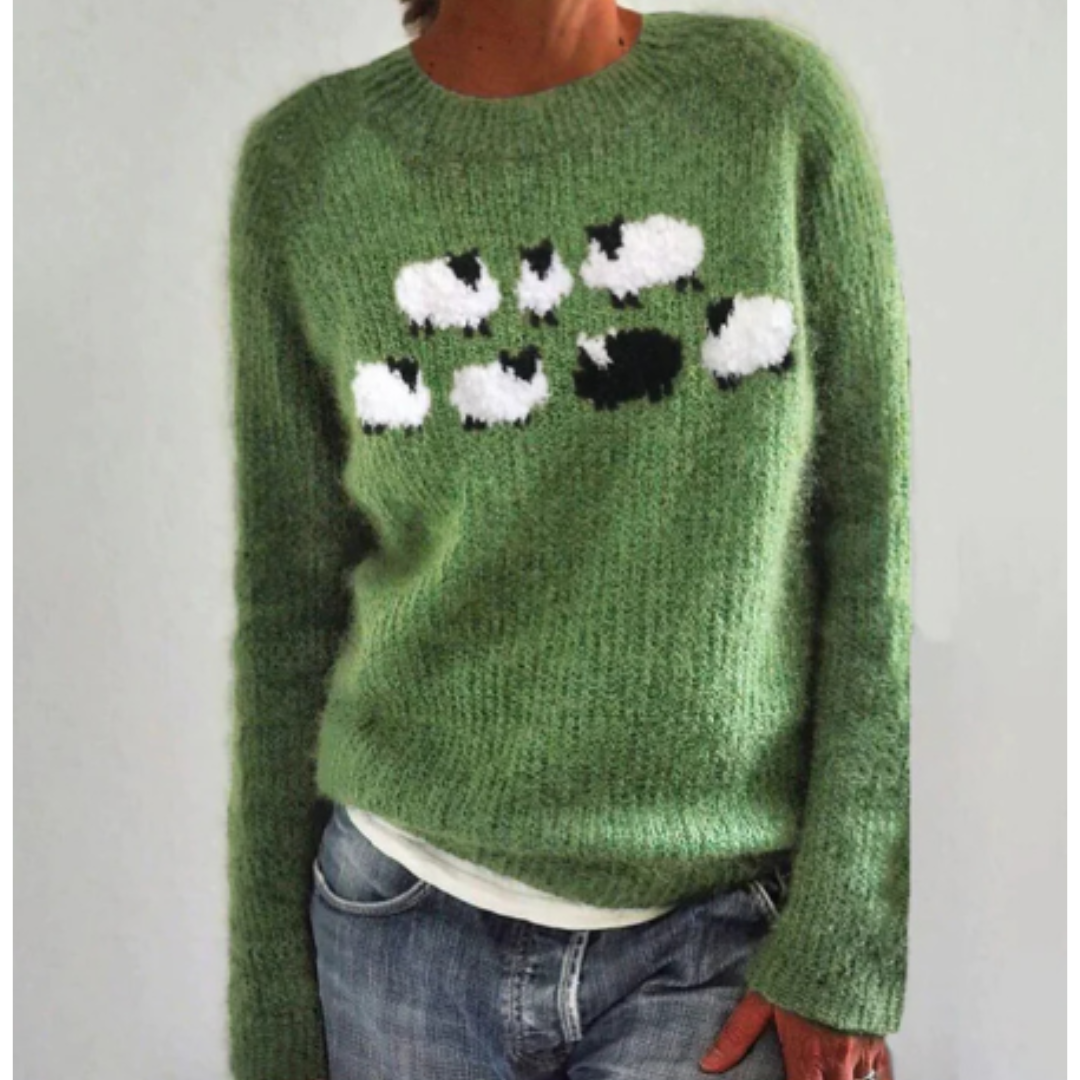 Jersey Mujer Invierno Estampado Ovejas Ajuste Comodo