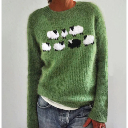 Jersey Mujer Invierno Estampado Ovejas Ajuste Comodo