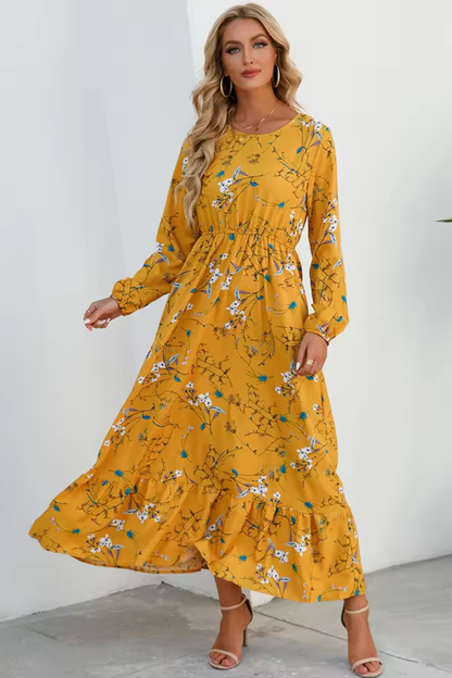Vestido maxi mujer de tela fluida con cintura alta y mangas largas