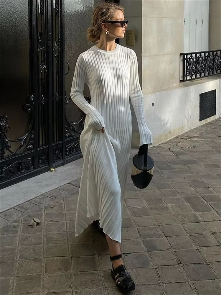 Vestido largo mujer de plumeti tejido elástico ajustado plisado