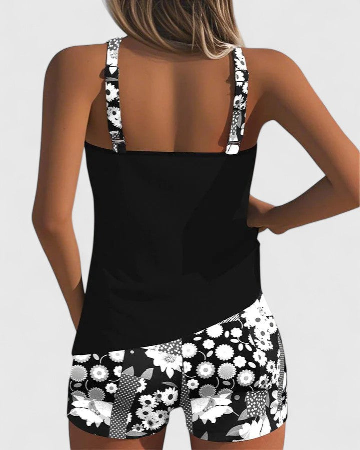 Tankini Mujer Dos Piezas Liso Espalda Nadadora Shorts Deportivos
