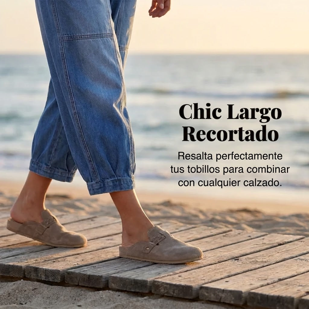 Pantalones Vaqueros Mujer Cintura Elástica Corte Cropped Holgado