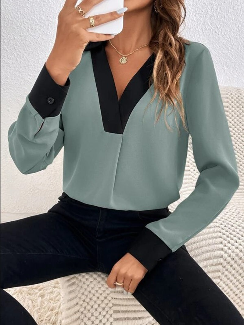 Camisa Formal Mujer de Algodón Cuello en V Primavera Verano
