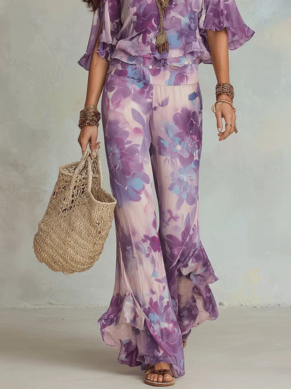Conjunto mujer dos piezas tejido floral volantes pantalón acampanado