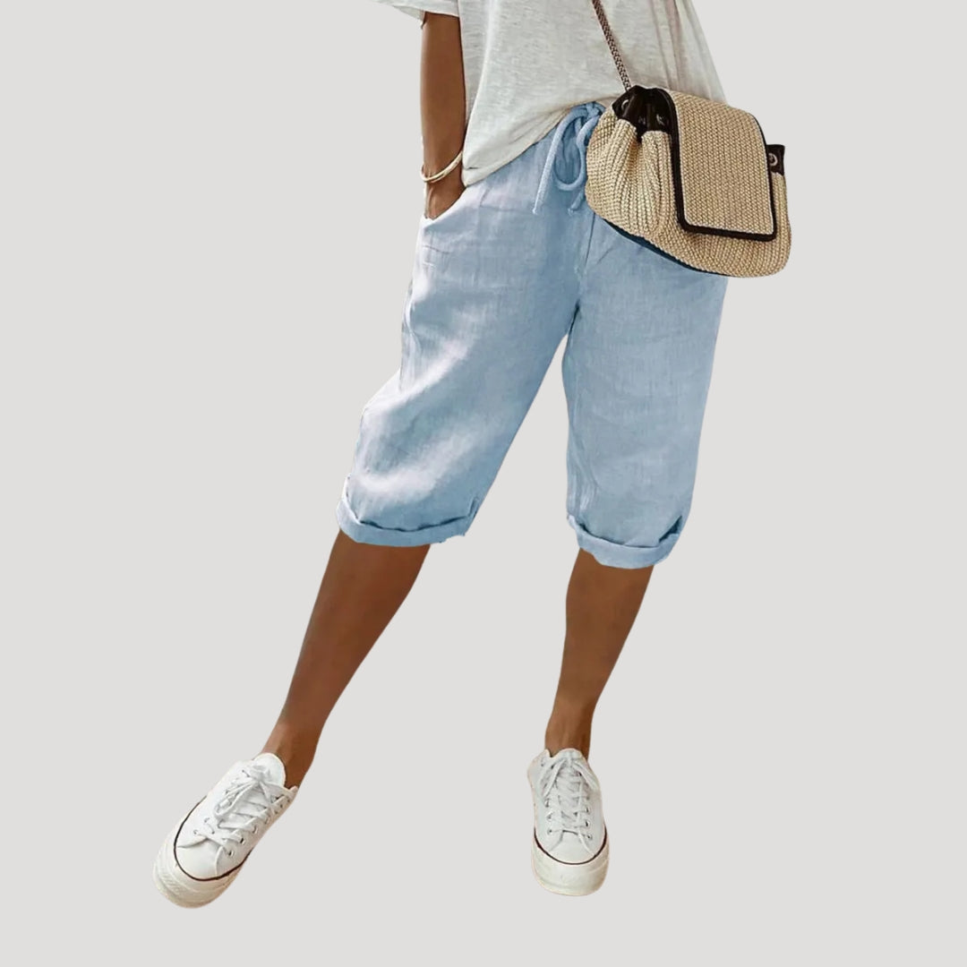 Pantalones Cortos Mujer de Lino Corte Recto Hasta Rodilla