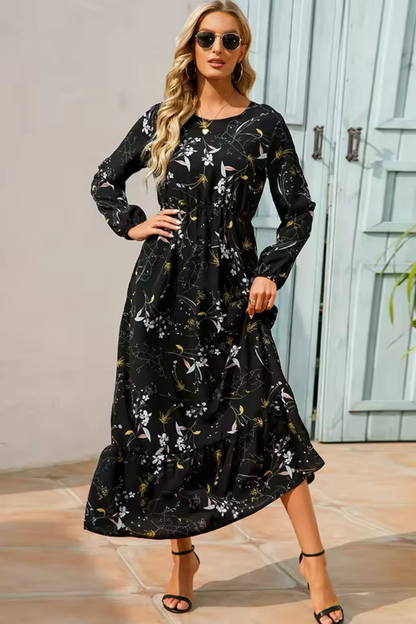 Vestido maxi mujer de tela fluida con cintura alta y mangas largas
