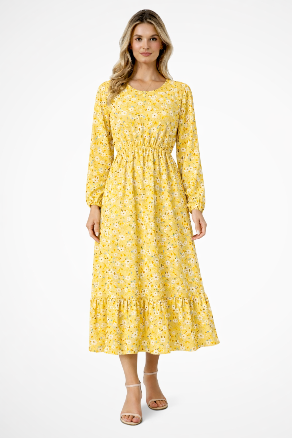 Vestido maxi mujer de tela fluida con cintura alta y mangas largas
