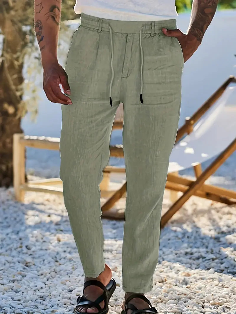 Pantalones Lino Hombre Anchos Cordón Ajustable