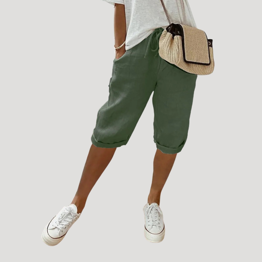 Pantalones Cortos Mujer de Lino Corte Recto Hasta Rodilla