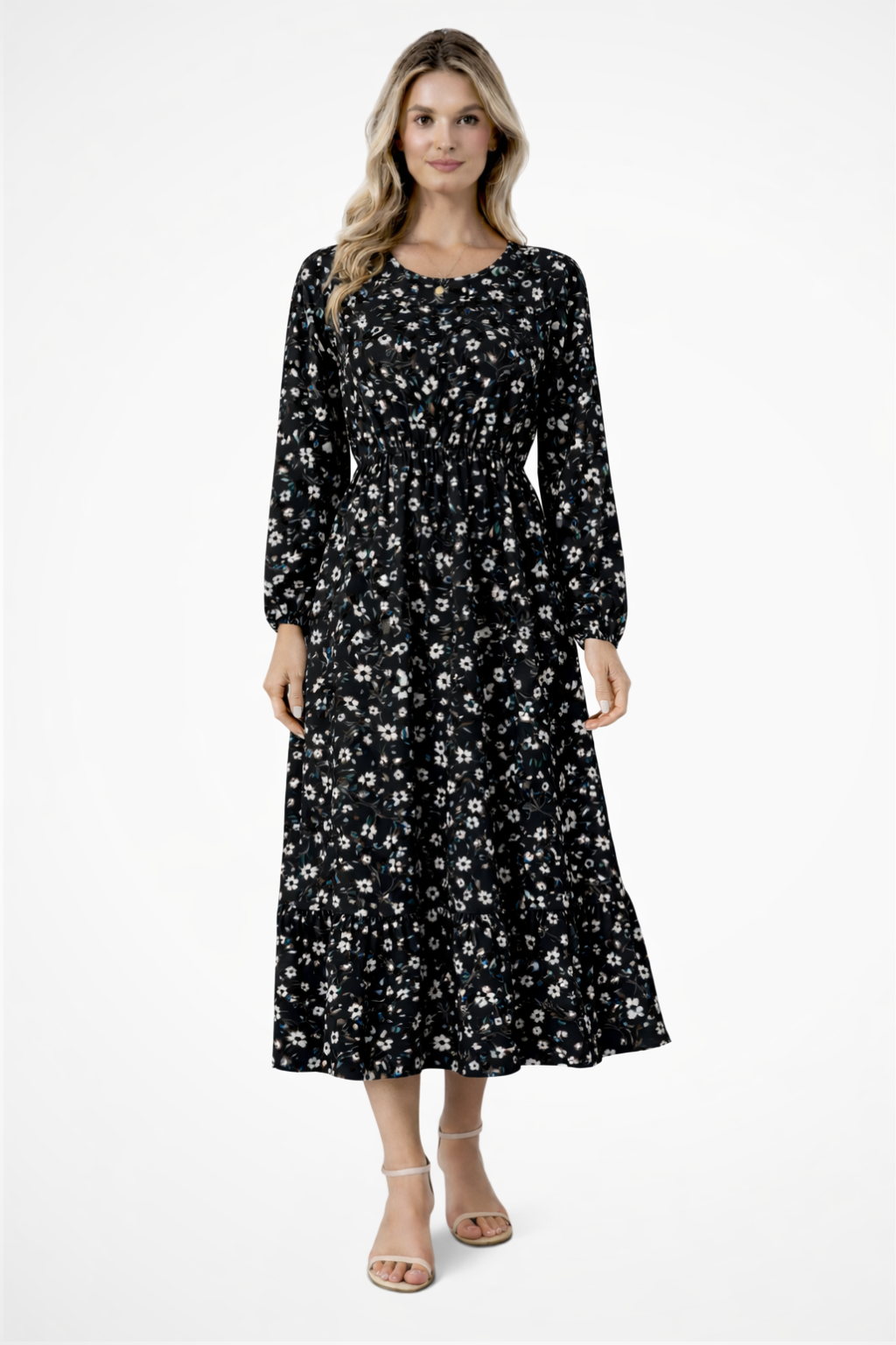 Vestido maxi mujer de tela fluida con cintura alta y mangas largas