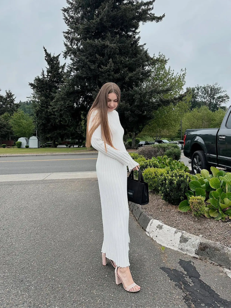 Vestido largo mujer de plumeti tejido elástico ajustado plisado