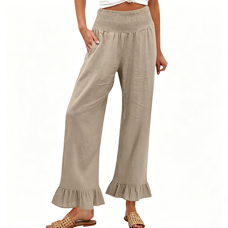 Pantalón mujer algodón y lino ancho tiro alto volante boho - Mavetta
