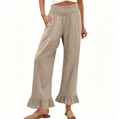 Pantalón mujer algodón y lino ancho tiro alto volante boho - Mavetta