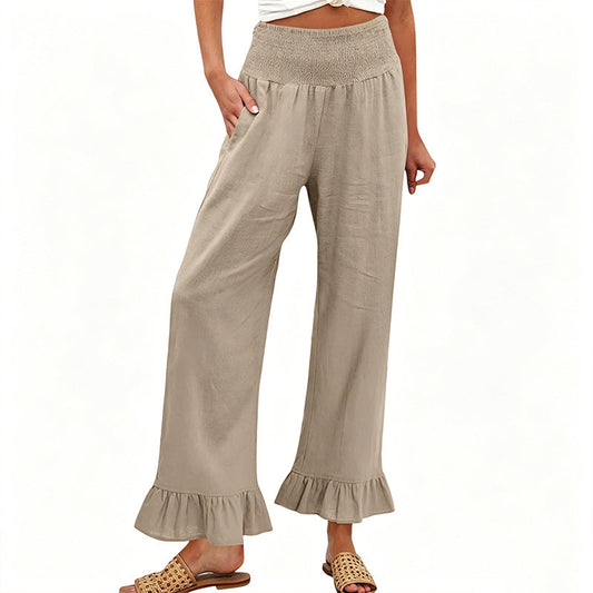 Pantalón mujer algodón y lino ancho tiro alto volante boho - Mavetta