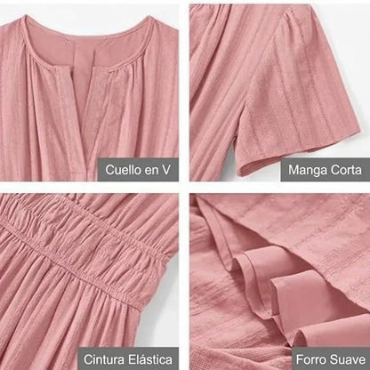 Vestido largo Mujer de lino Manga corta cuello en V