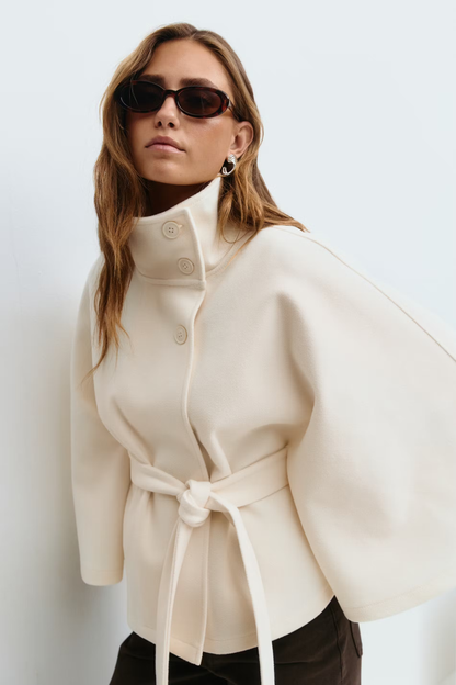 Chaqueta capa mujer con cuello alto y cinturón ajustable - Mavetta