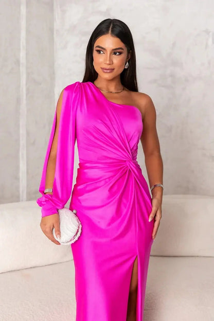 Vestido maxi mujer de satén drapeado un hombro