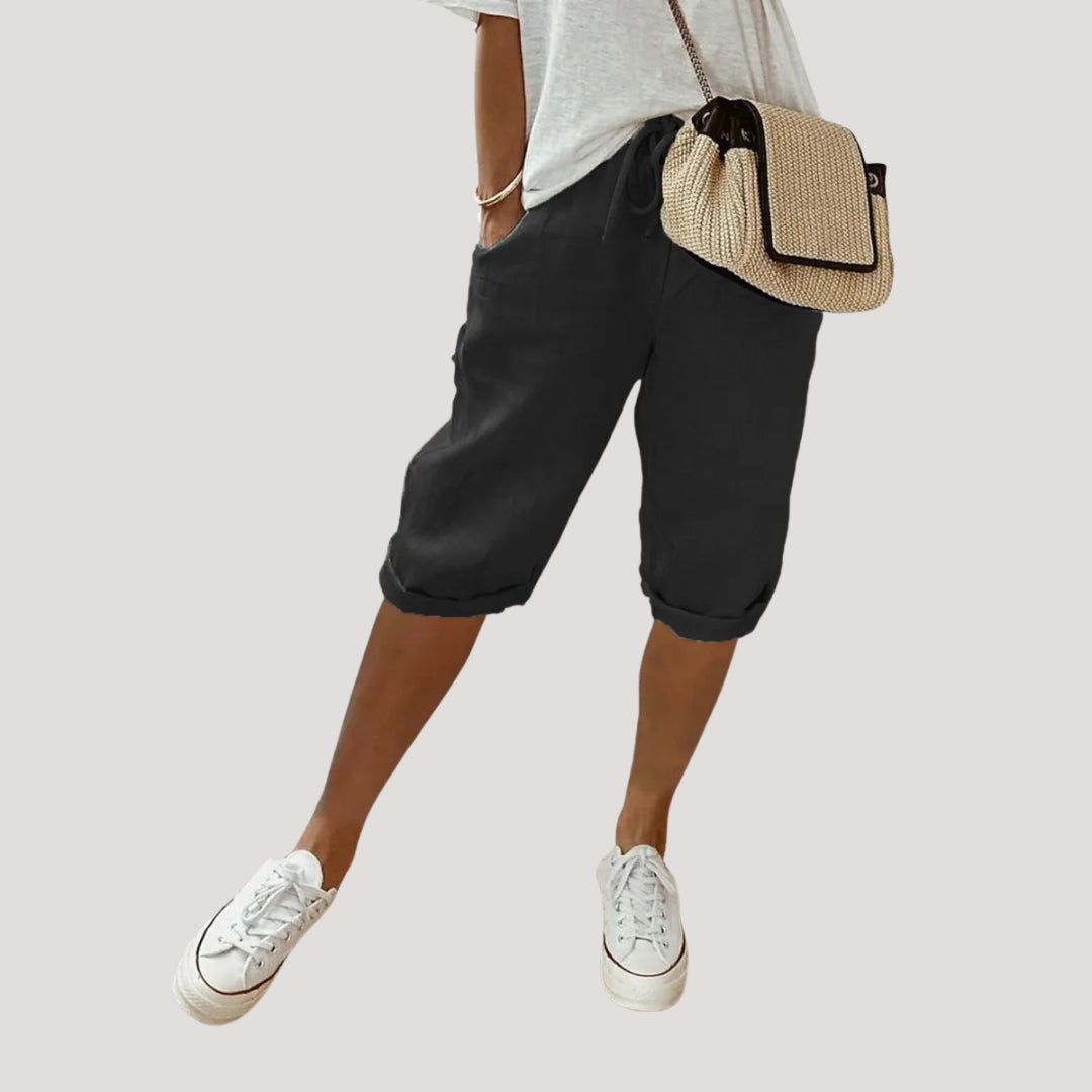 Pantalones Cortos Mujer de Lino Corte Recto Hasta Rodilla