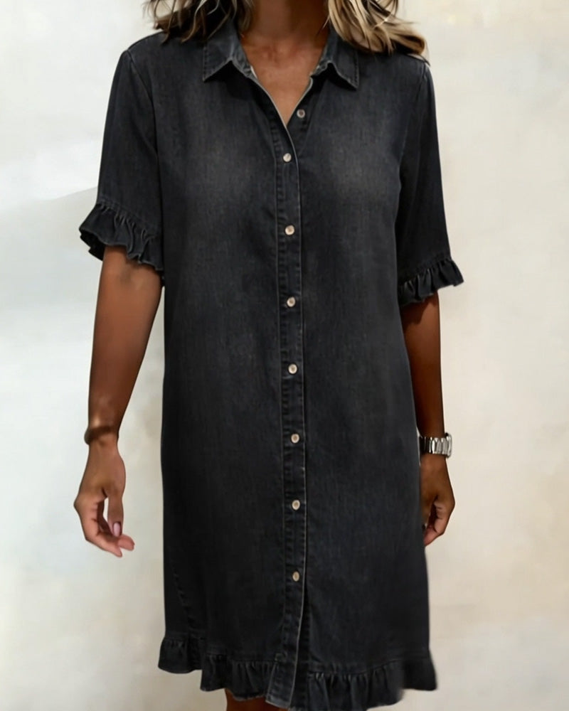 Vestido Mujer de Denim con Botones y Volantes Estilo Casual
