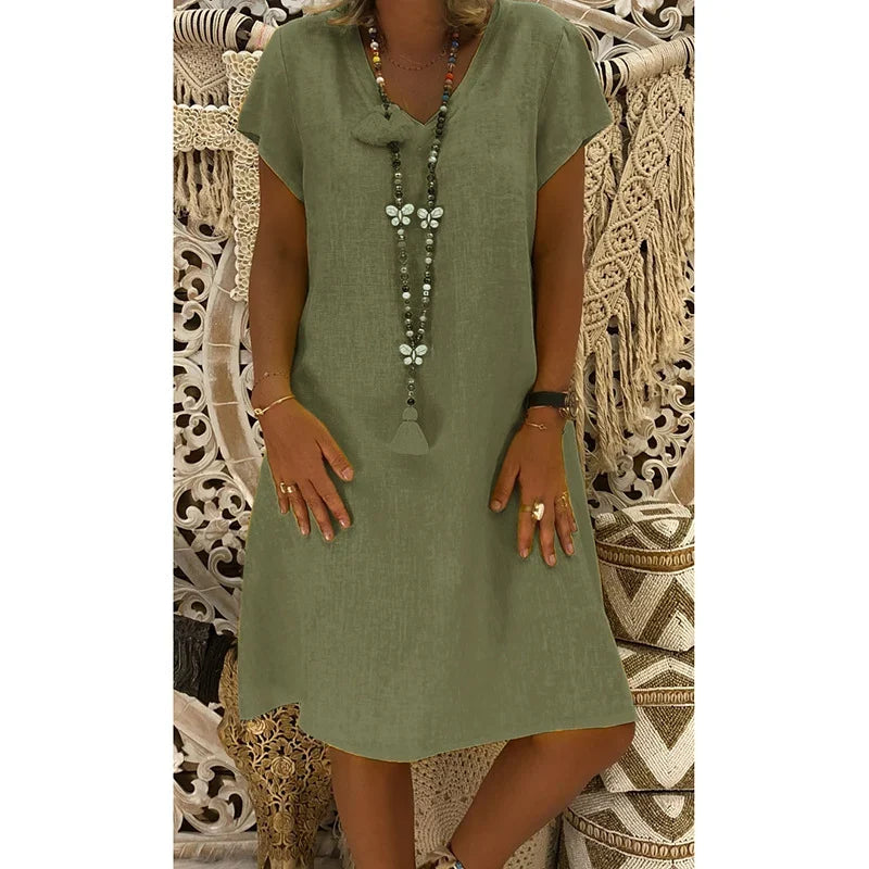 Vestido midi mujer Suave cuello en V mangas cortas