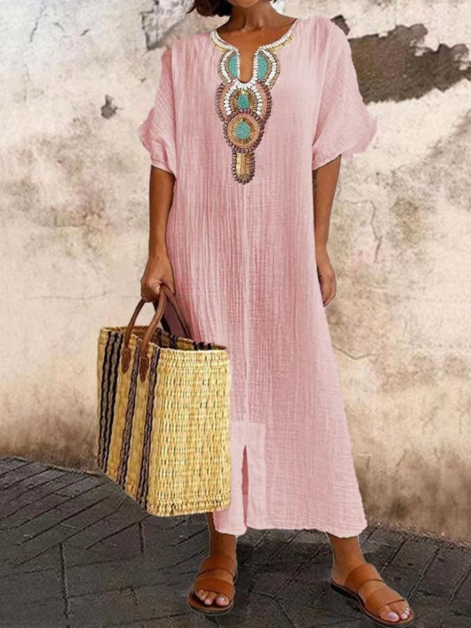 Vestido Caftán Mujer Bordado Manga Corta Diseño Suelto