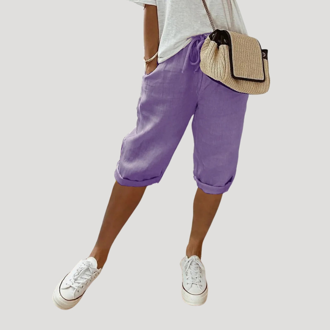 Pantalones Cortos Mujer de Lino Corte Recto Hasta Rodilla