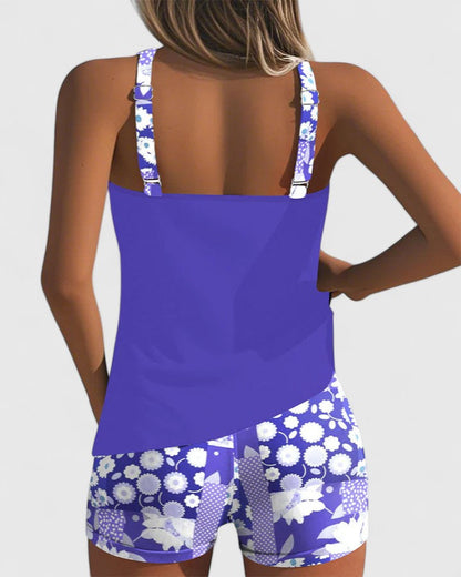 Tankini Mujer Dos Piezas Liso Espalda Nadadora Shorts Deportivos