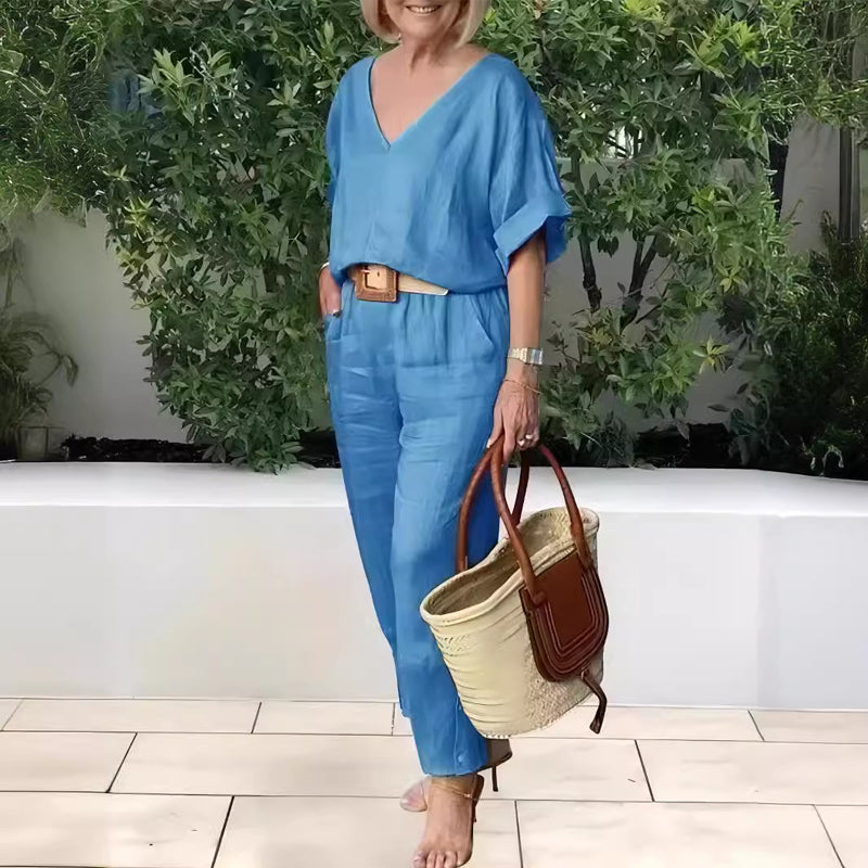 Conjunto mujer cuello en V pantalón recto bolsillos casual