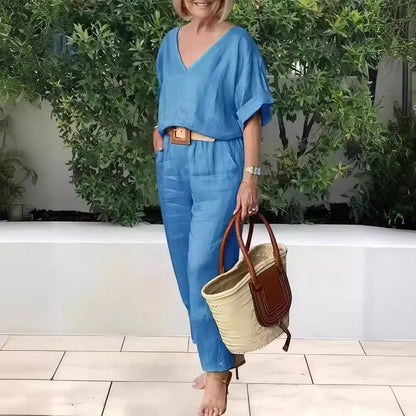 Conjunto mujer cuello en V pantalón recto bolsillos casual