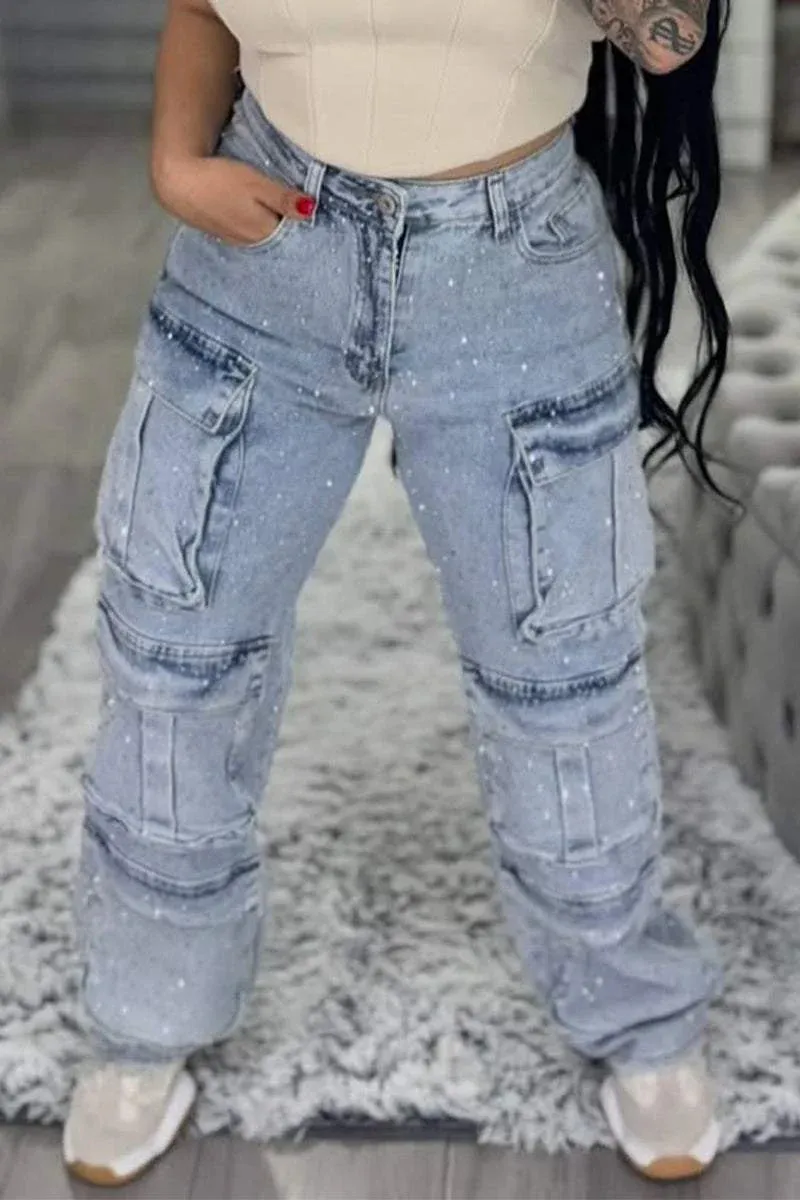 Pantalón Cargo Mujer con Efecto Brillante y Bolsillos Amplios