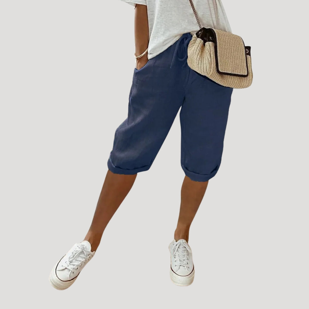Pantalones Cortos Mujer de Lino Corte Recto Hasta Rodilla