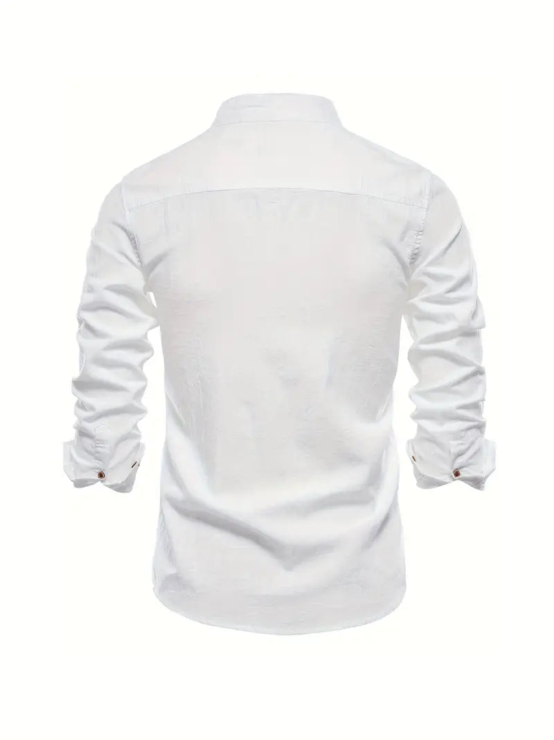 Camisa Hombre Slim Fit Algodón Cuello Mao Manga Larga