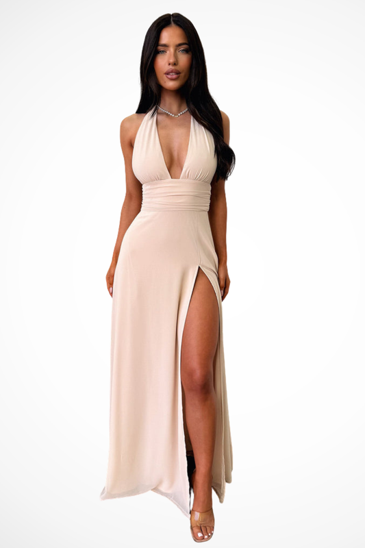 Vestido maxi mujer cuello halter abertura lateral - Mavetta