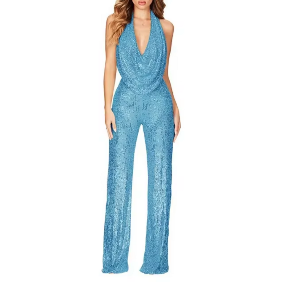 Mono Mujer con Lentejuelas y Cuello Halter Elegante