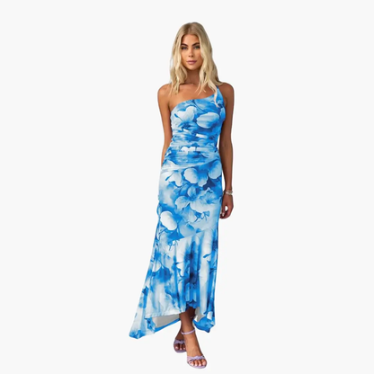 Vestido Mujer de Un Hombro Estampado Floral Elegante