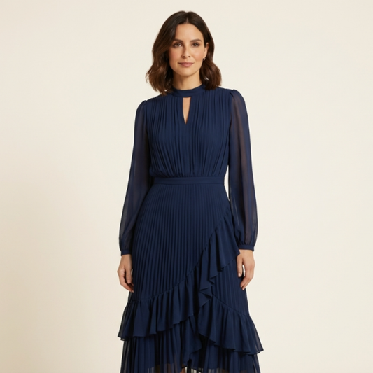 Vestido mujer elegante escote ojo de cerradura y volantes - Mavetta