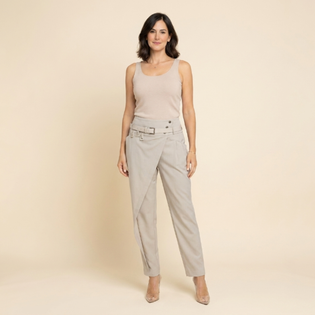 Pantalón Mujer con Diseño Asimétrico y Cinturón Ajustable - Mavetta