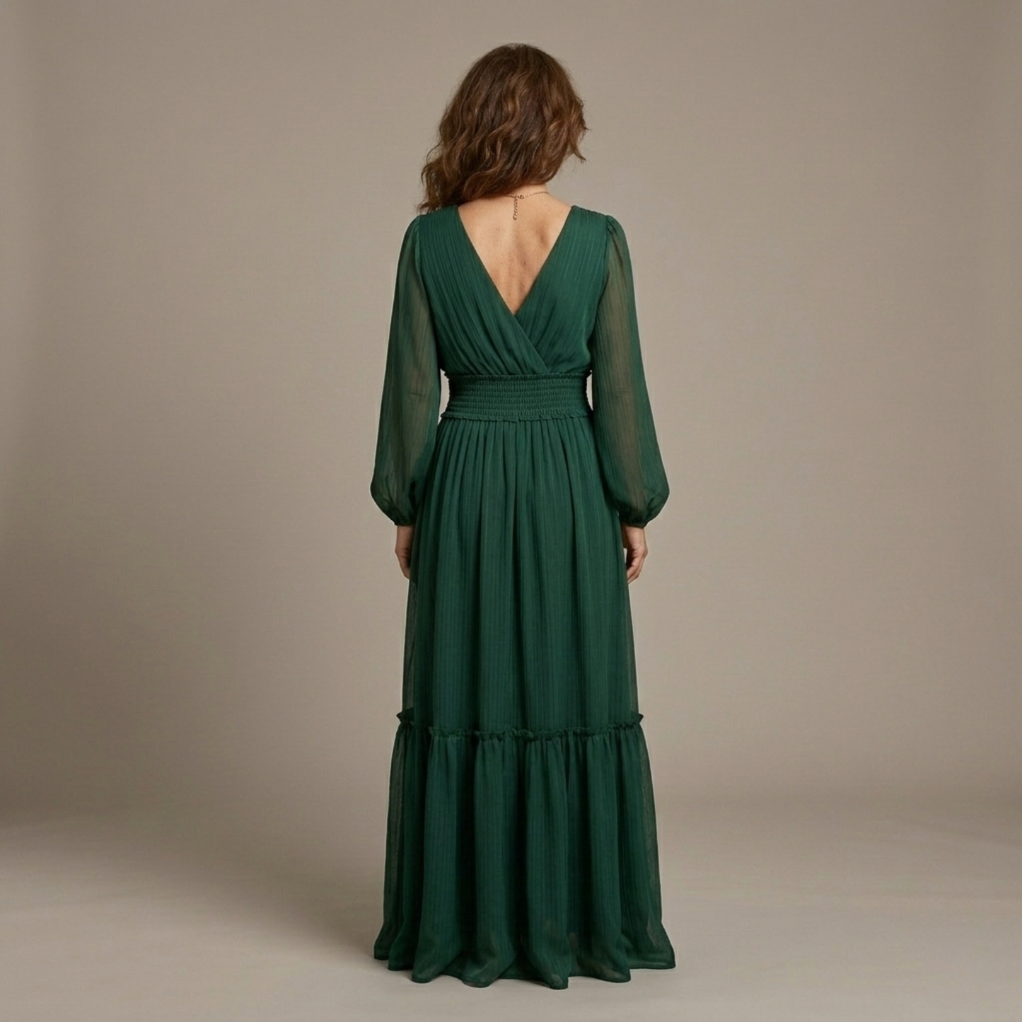 Vestido Largo Mujer Fluido Escote en V Manga Larga