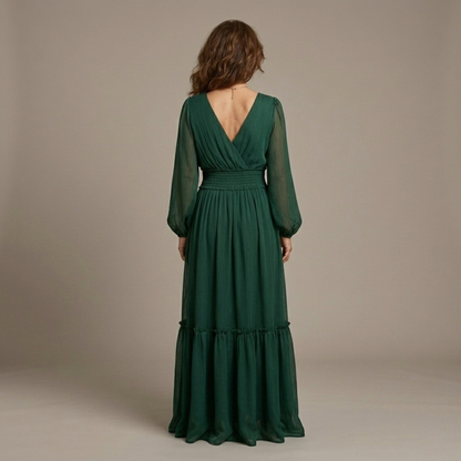 Vestido Largo Mujer Fluido Escote en V Manga Larga