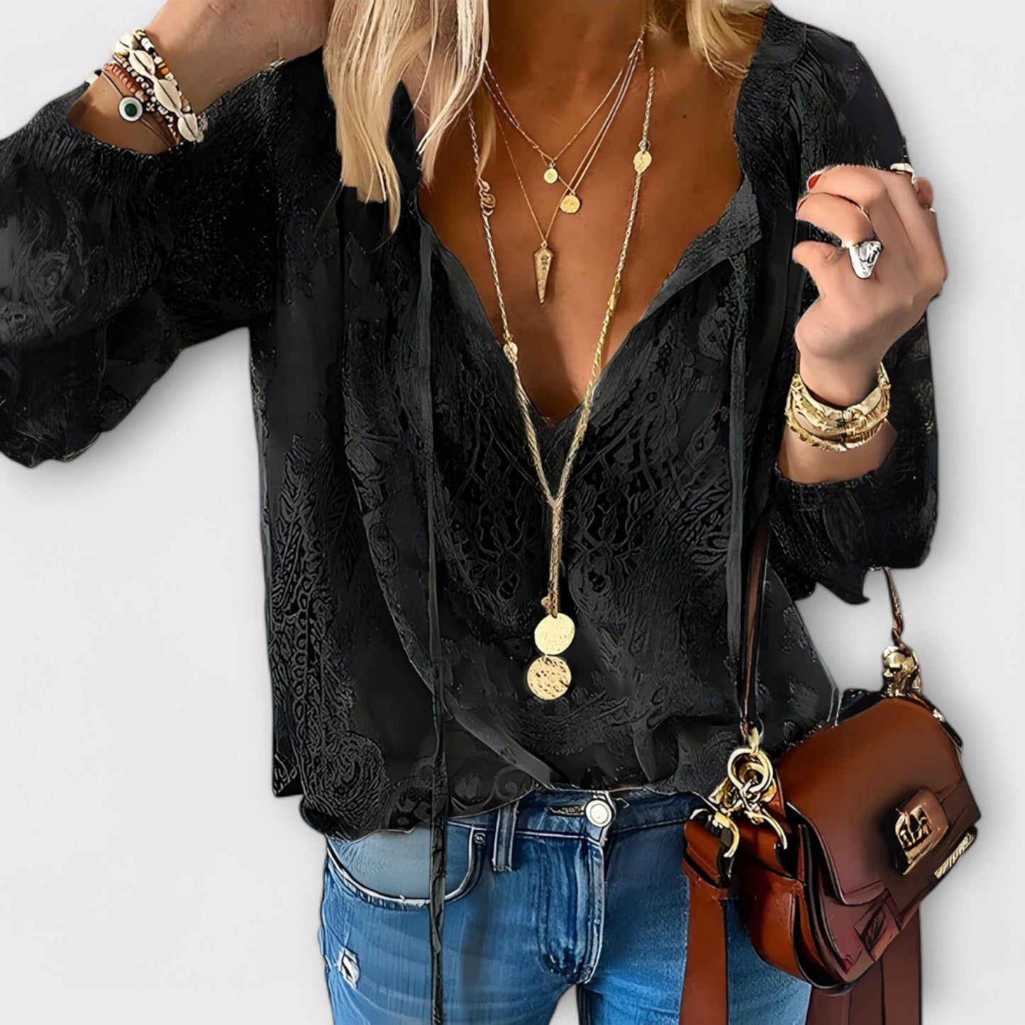 Blusa Mujer Bohemia Escote en V Manga Larga Informal