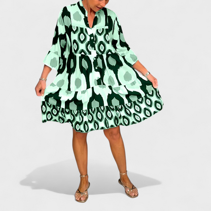 Vestido mujer estampado ikat geométrico cuello en V manga acampanada