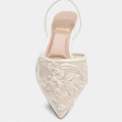 Zapatos Tacón Aguja Mujer Malla Bordada Punta Fina Correa