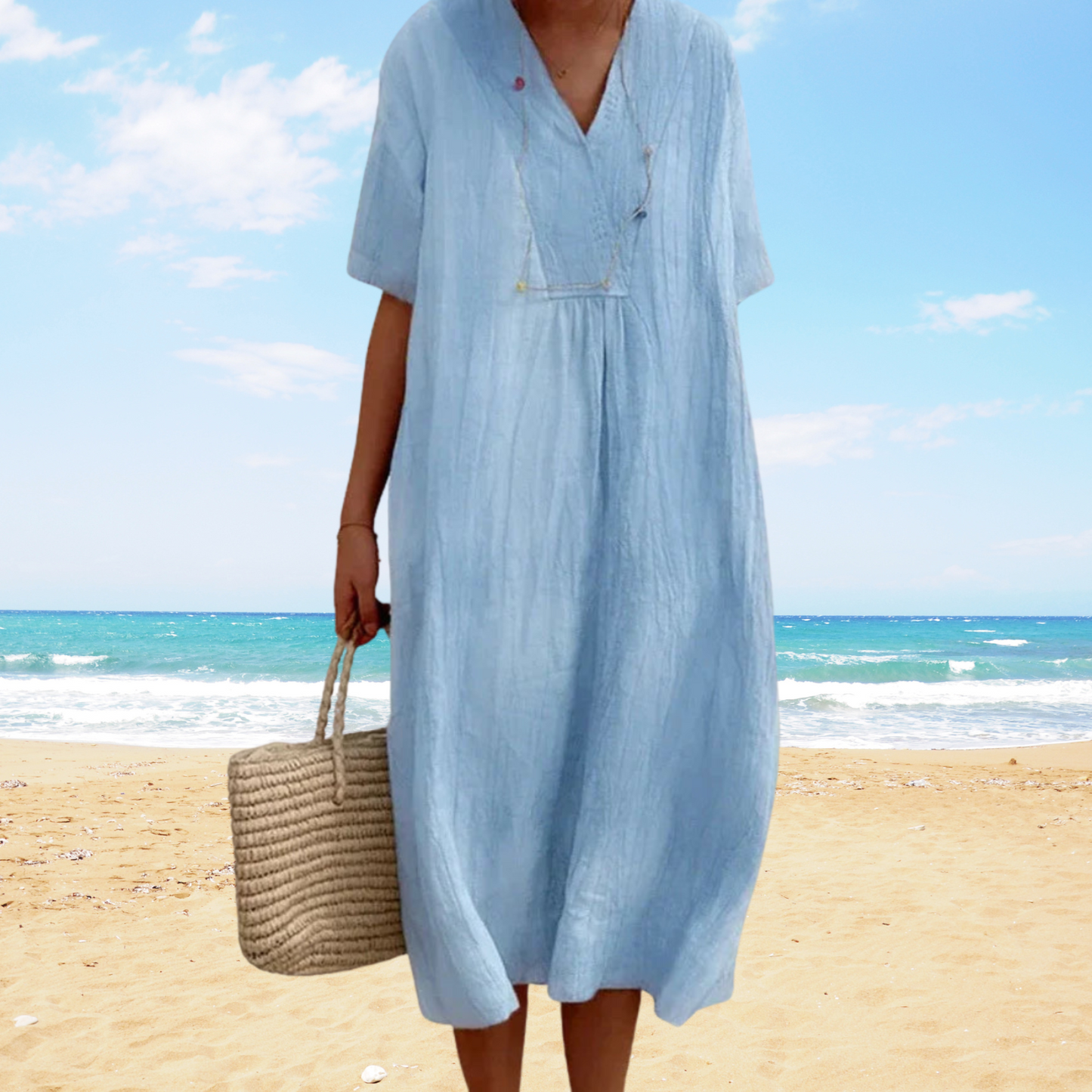 Vestido midi mujer fluido escote en v verano - Mavetta