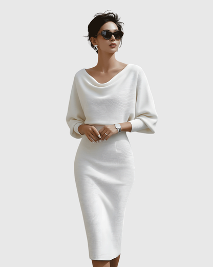 Vestido midi mujer Drapeado Manga Murciélago Escote Elegante