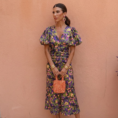 Vestido mujer escote en V mangas abullonadas estilo femenino