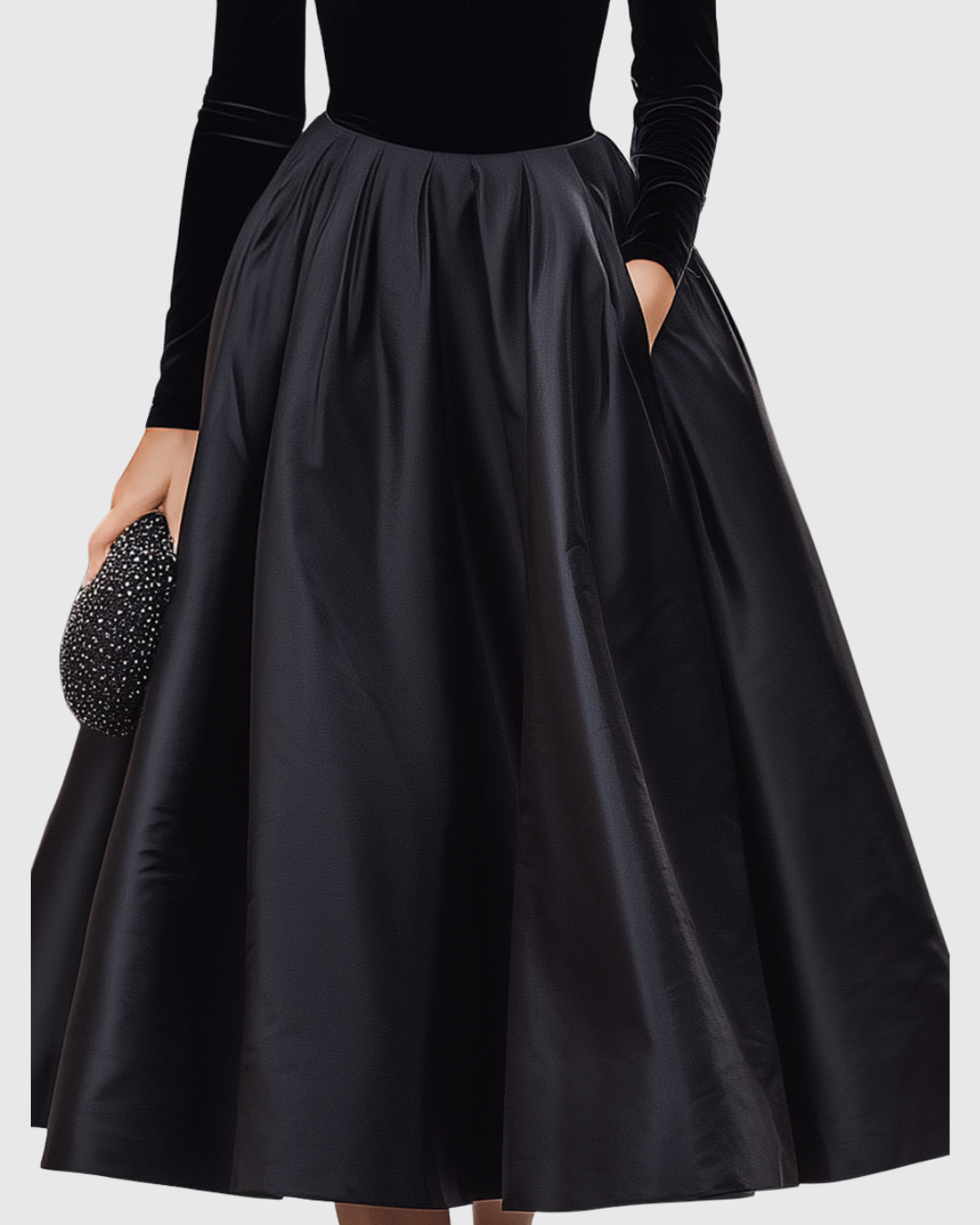 Vestido midi mujer de terciopelo y satén cuello alto falda amplia