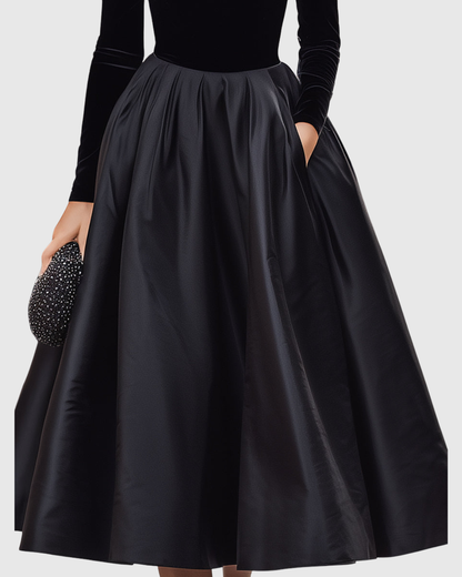 Vestido midi mujer de terciopelo y satén cuello alto falda amplia
