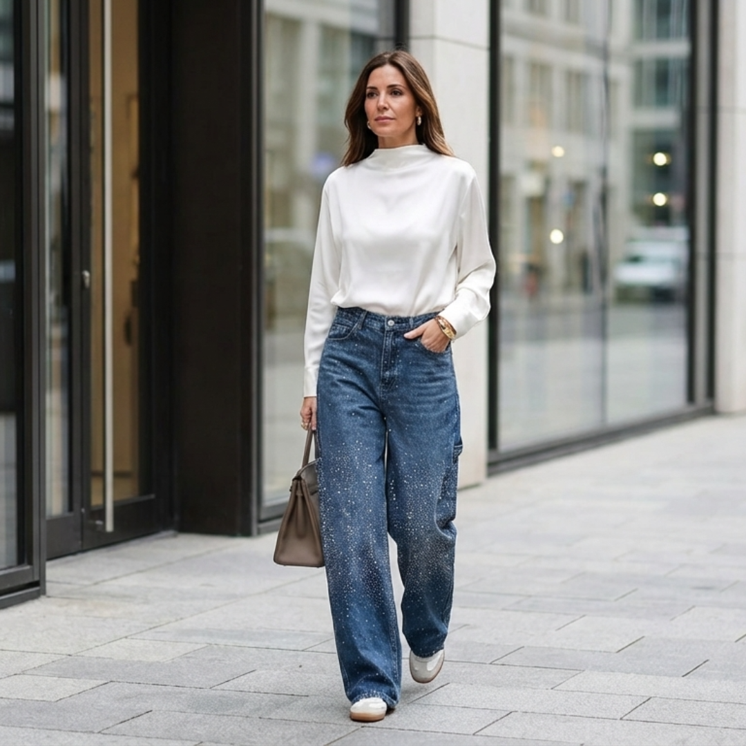 Pantalones Vaqueros Mujer Anchos Detalles Brillantes